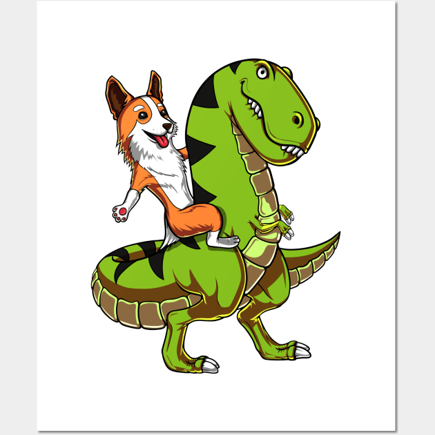 Corgi Dog Riding T-Rex Dinosaur Wall Art by underheaven